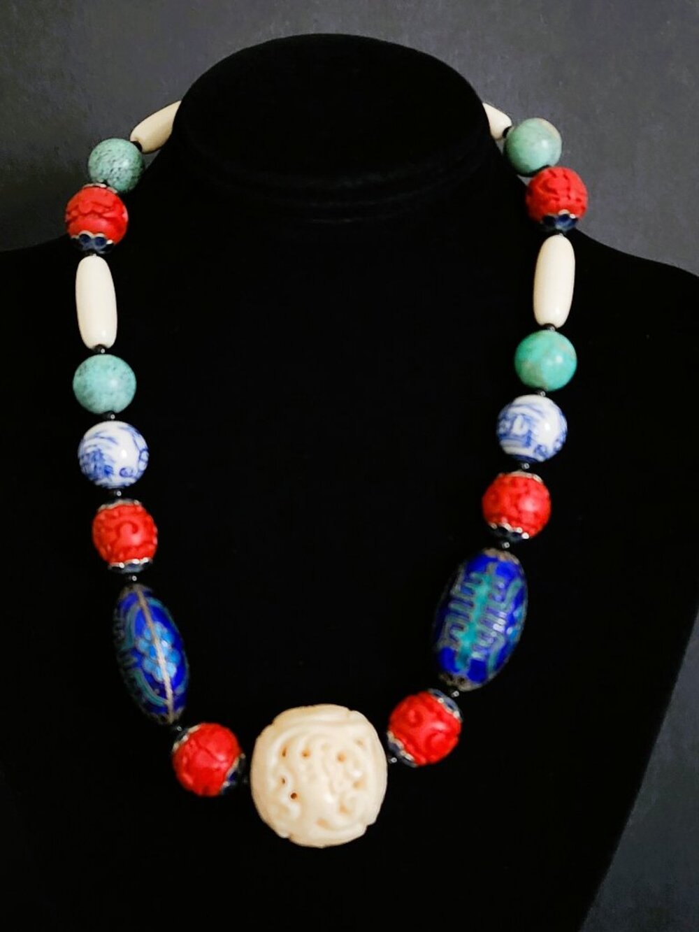 Vintage 1960s Chinese Export Statement Necklace - Lucite & Cloisonné